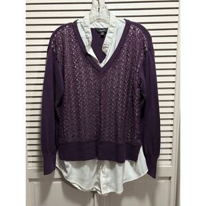 Simply Vera Bradley Plum Open‎ Knit Sweater/Blouse V Neck Long Sleeve Size Large